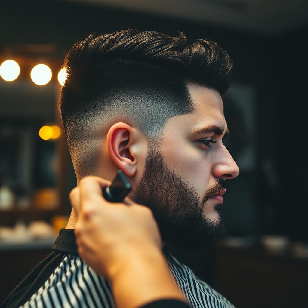 Barbeiro finalizando um corte masculino com máquina