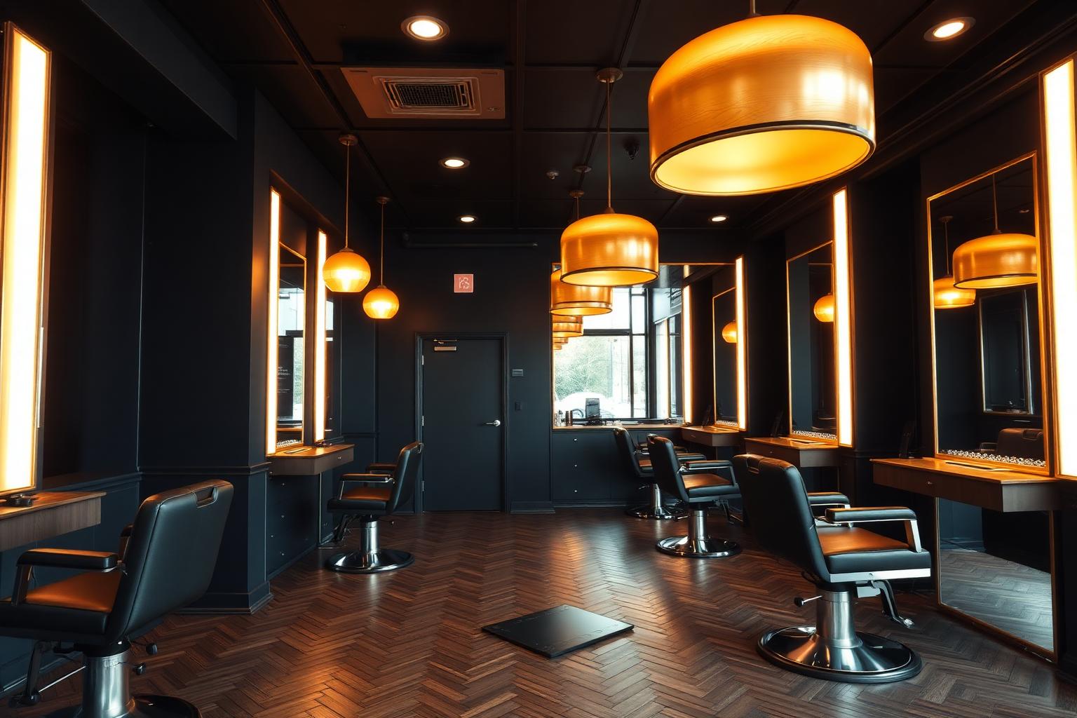 Salão de barbearia com espelhos e luminárias douradas